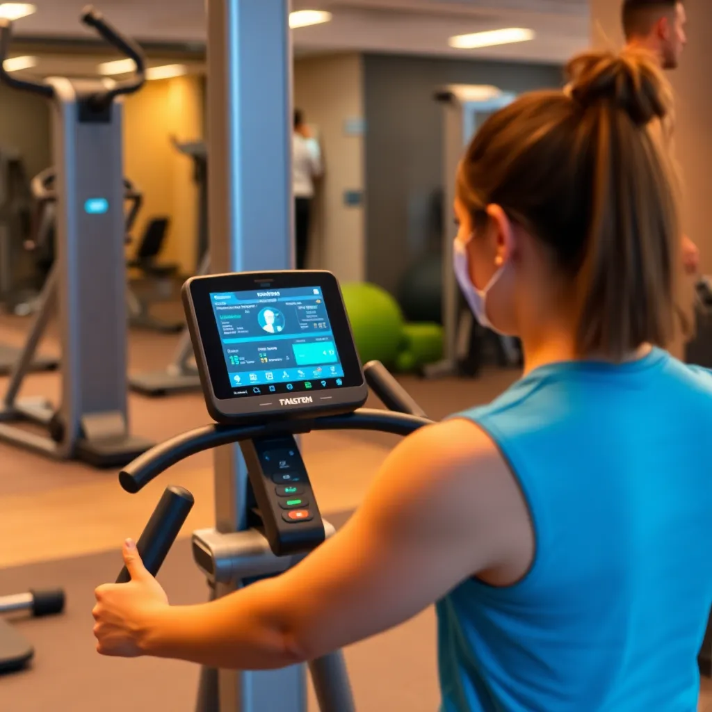 A woman on an elliptical machine looking at a tablet displaying fitness data in a gym.