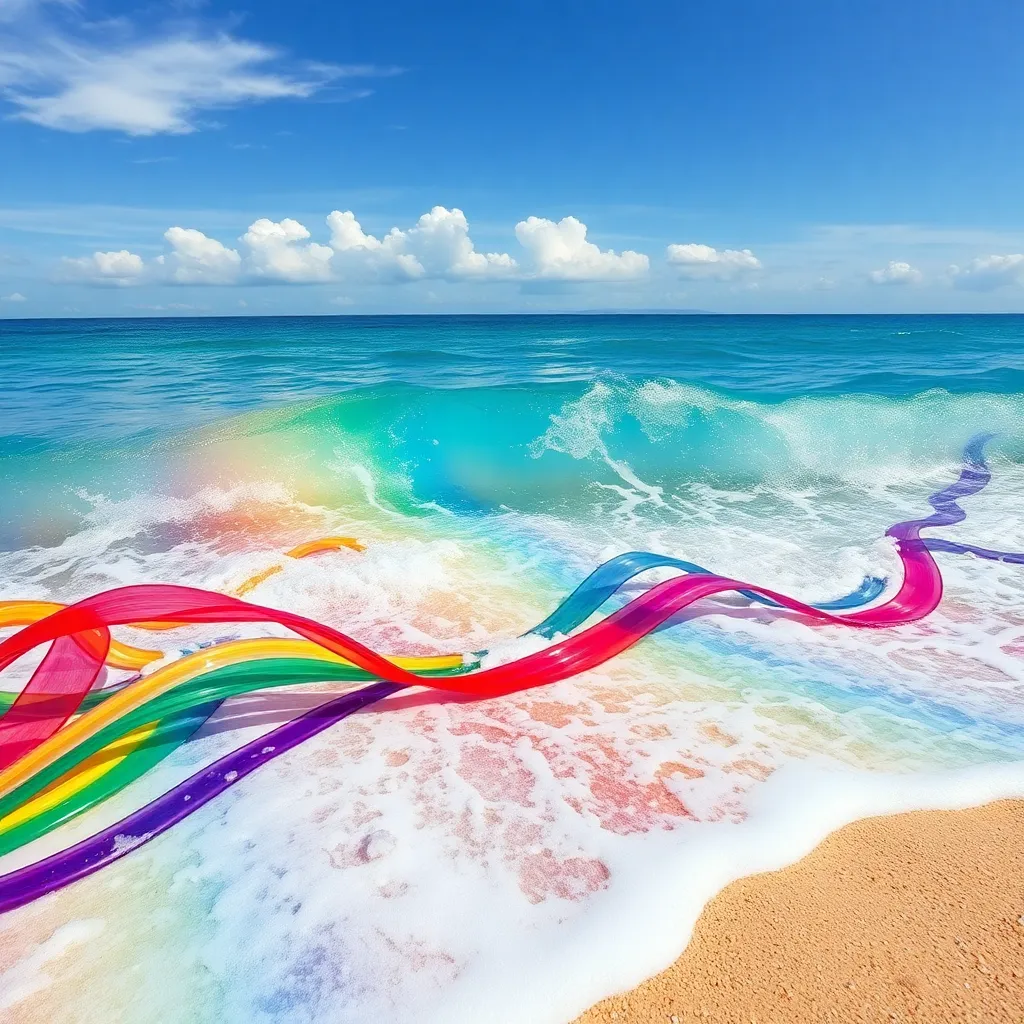 A tropical beach with white sand, blue water, and a rainbow-colored ribbon flowing in the wind.