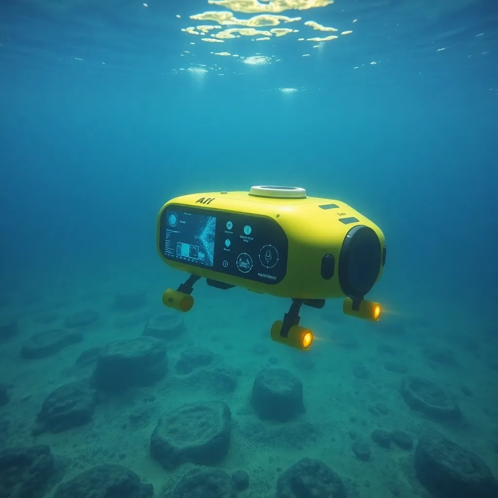 A small, yellow submarine-like vehicle with a transparent dome floats underwater.