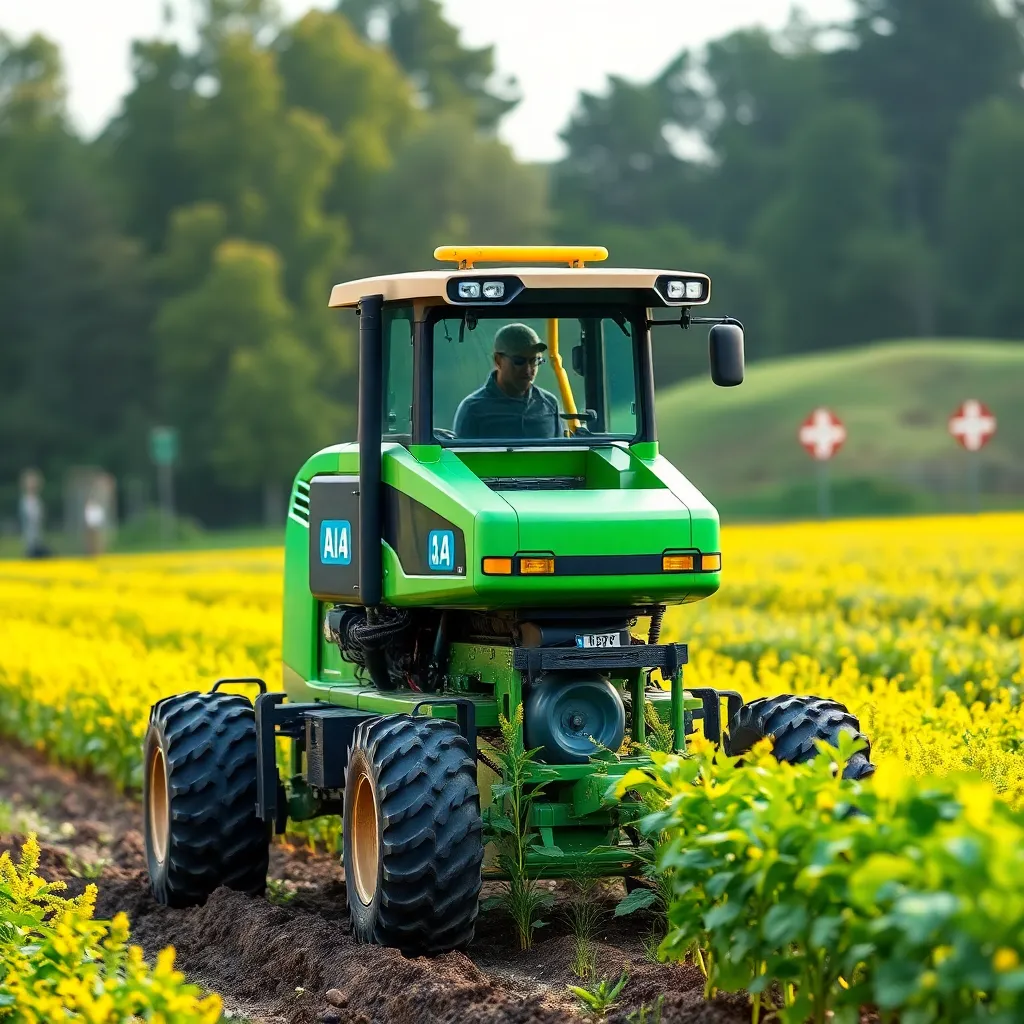 A green tractor with a transparent digital display in the windshield driving through a field.