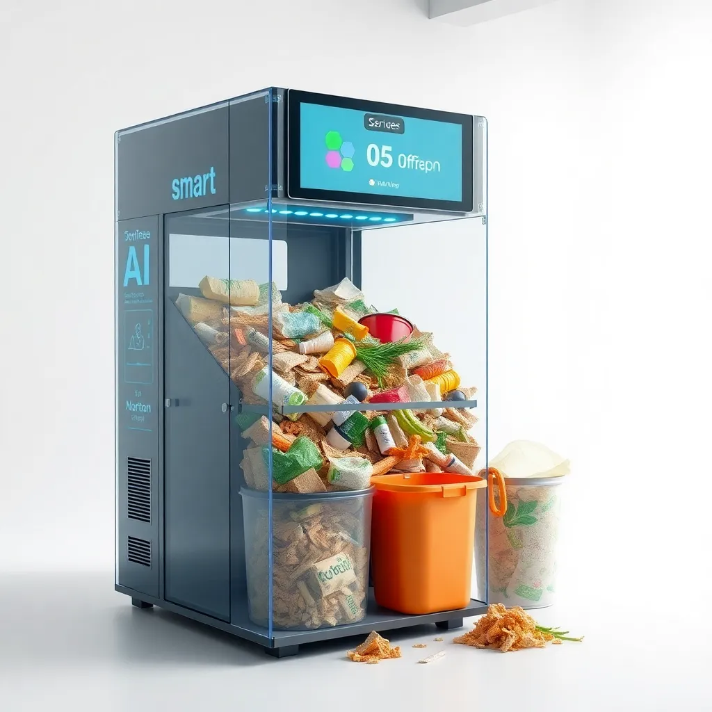 A gray recycling bin with a digital display showing a message and a pile of colorful plastic items in front.