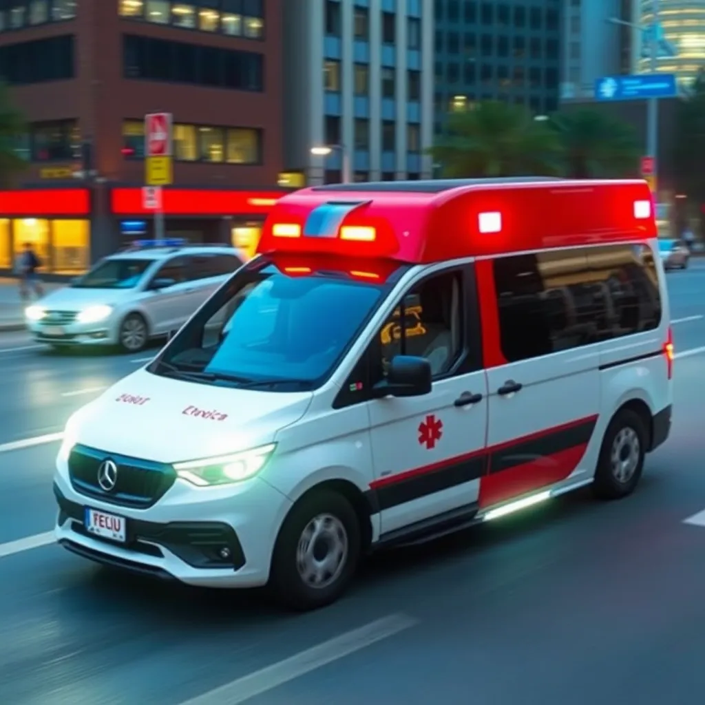 A white ambulance with red and blue lights speeding down a city street.