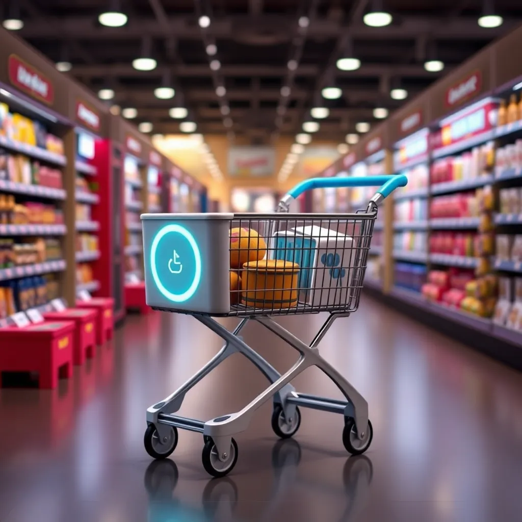 A silver shopping cart with a digital display attached, navigating the aisle of a supermarket.