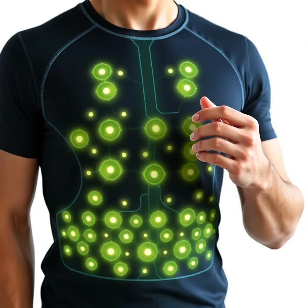 A man wearing a black shirt with glowing green patterns on his chest and abdomen.