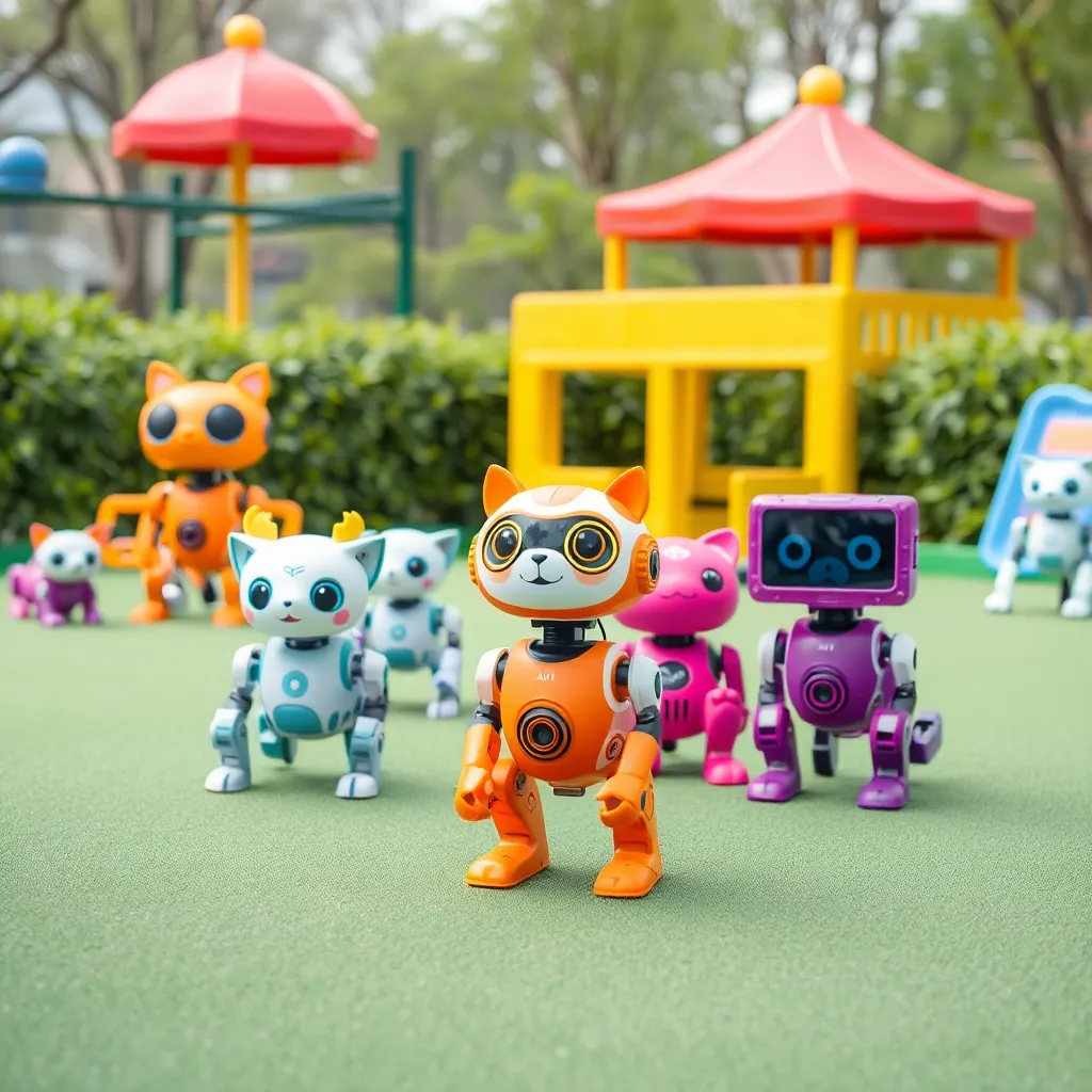 Playground with colorful structures and children playing, with robots interacting.