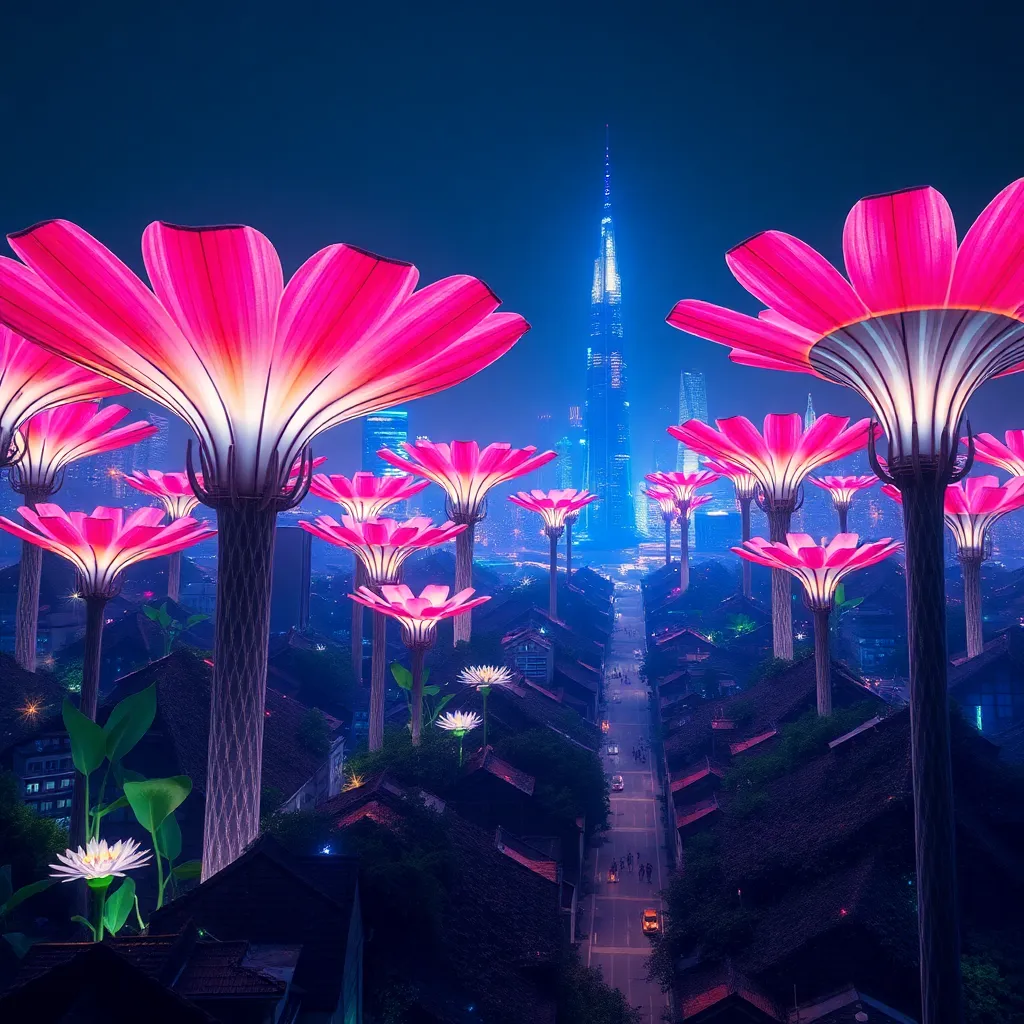 Bright pink, stylized flowers glowing against a dark blue background with light trails.