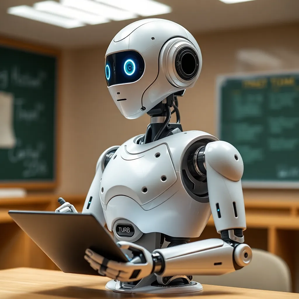 A white, humanoid robot with a blue screen face stands at a desk in a classroom holding a tablet.