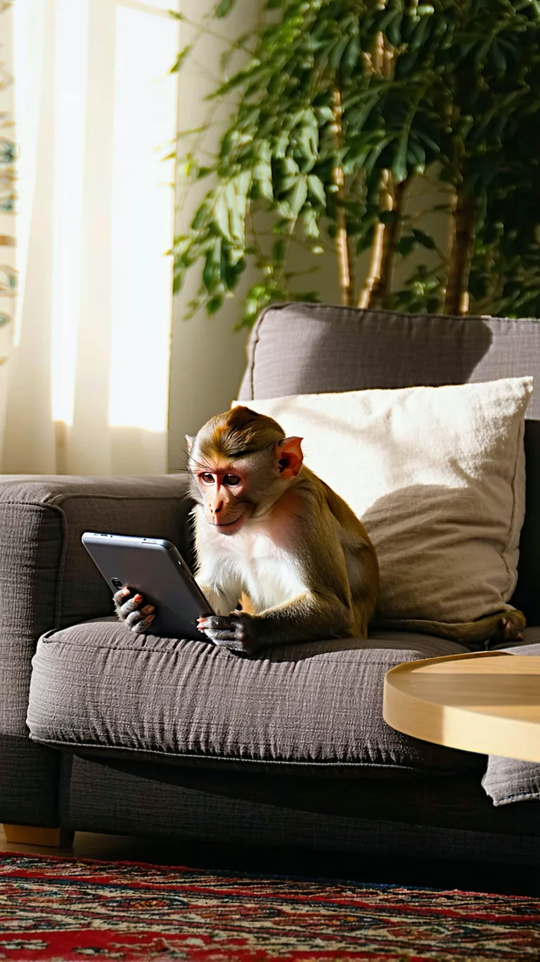 A brown cat sitting on a gray couch in a living room with a large window and plants.