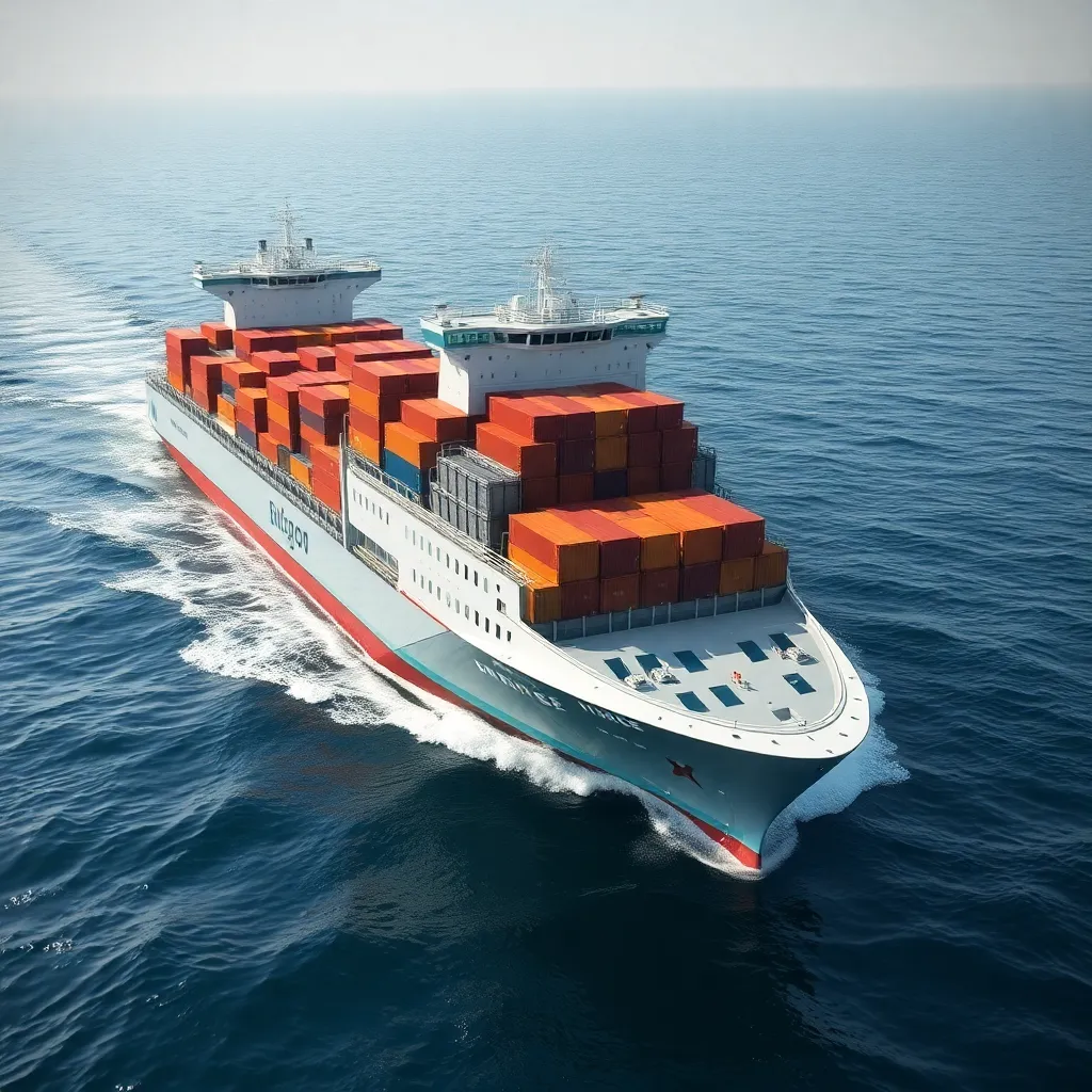 A large cargo ship carrying containers sailing on a vast blue ocean.