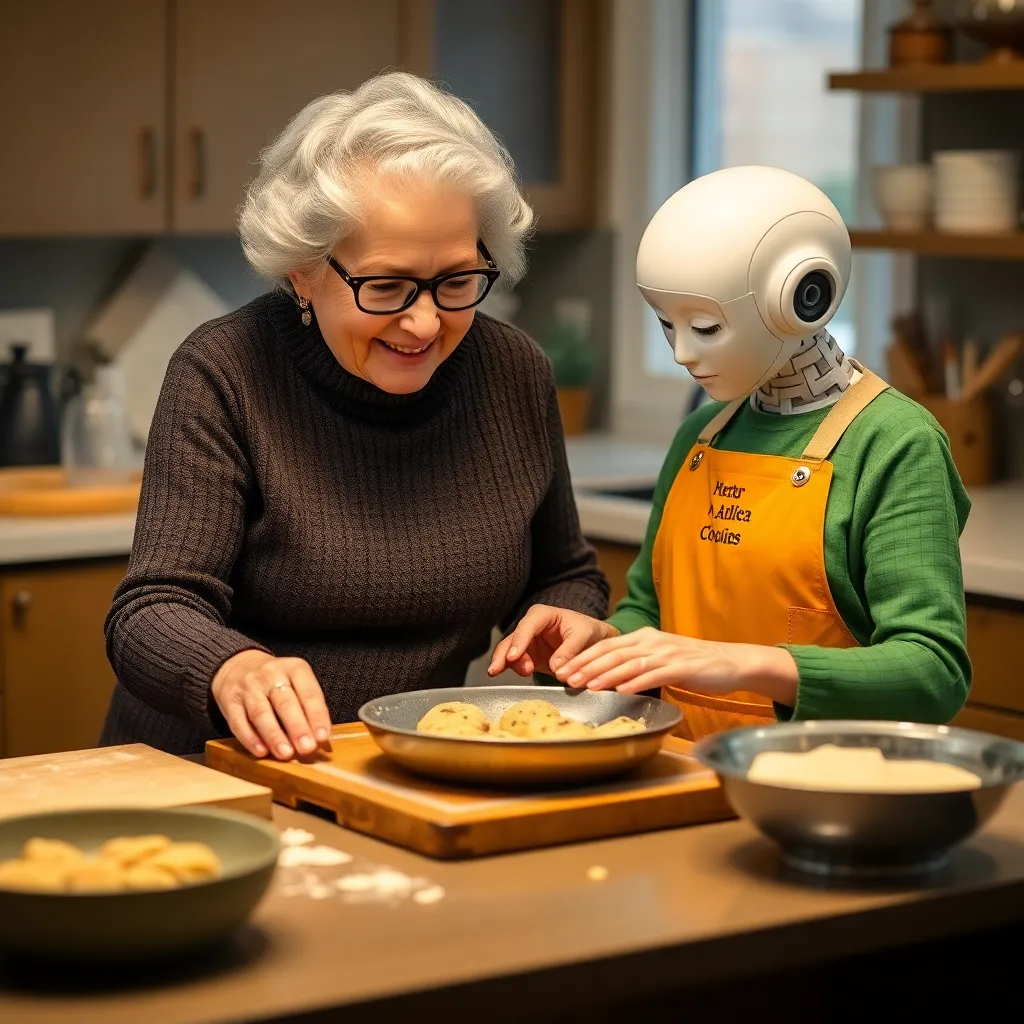 An elderly woman and a white robot with a screen face preparing food together in a kitchen.