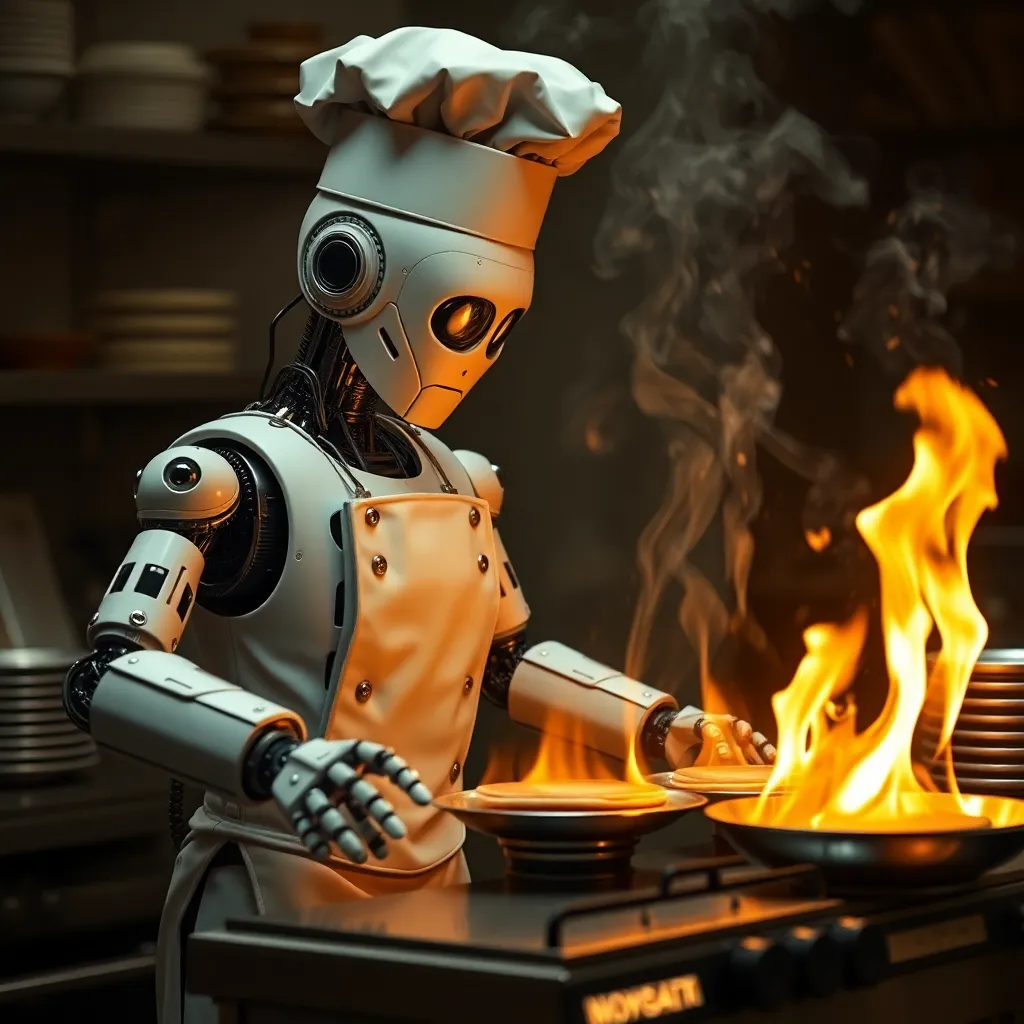 A humanoid robot wearing a chef's hat and apron cooking with a pan and flames on a stove.