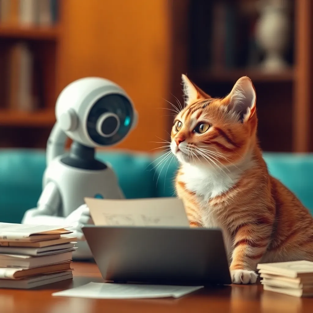 A tabby cat sitting on a desk with a laptop and a security camera pointed towards it.