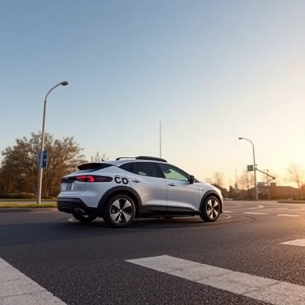 A white car with a sensor on top waits at a crosswalk with a pedestrian and streetlights visible.