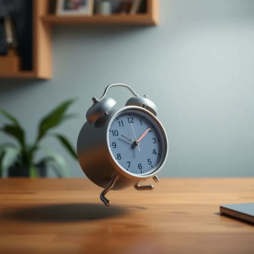 A silver alarm clock sitting on a wooden desk with a blurred background.