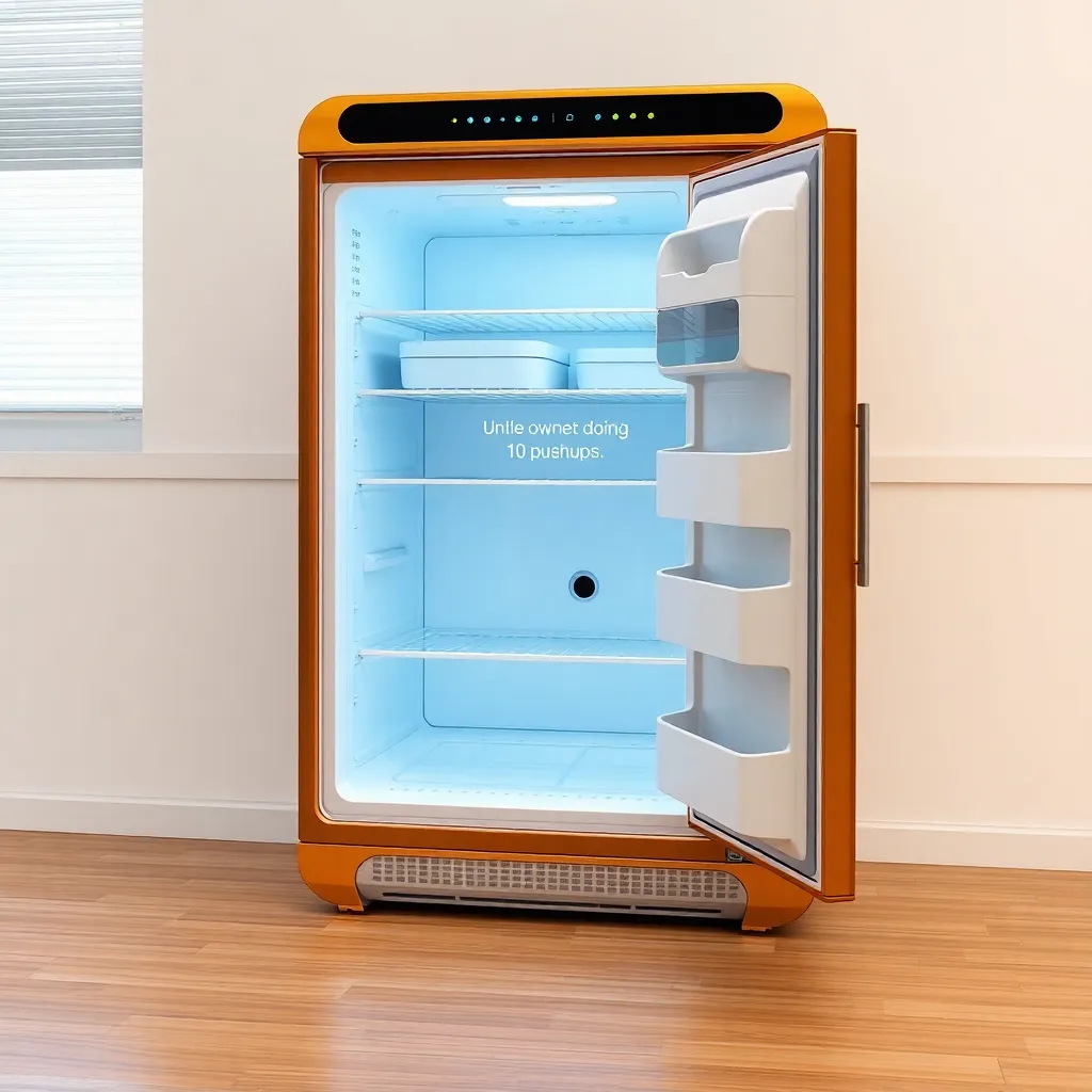 An orange refrigerator with its door open, revealing a brightly lit interior with shelves.