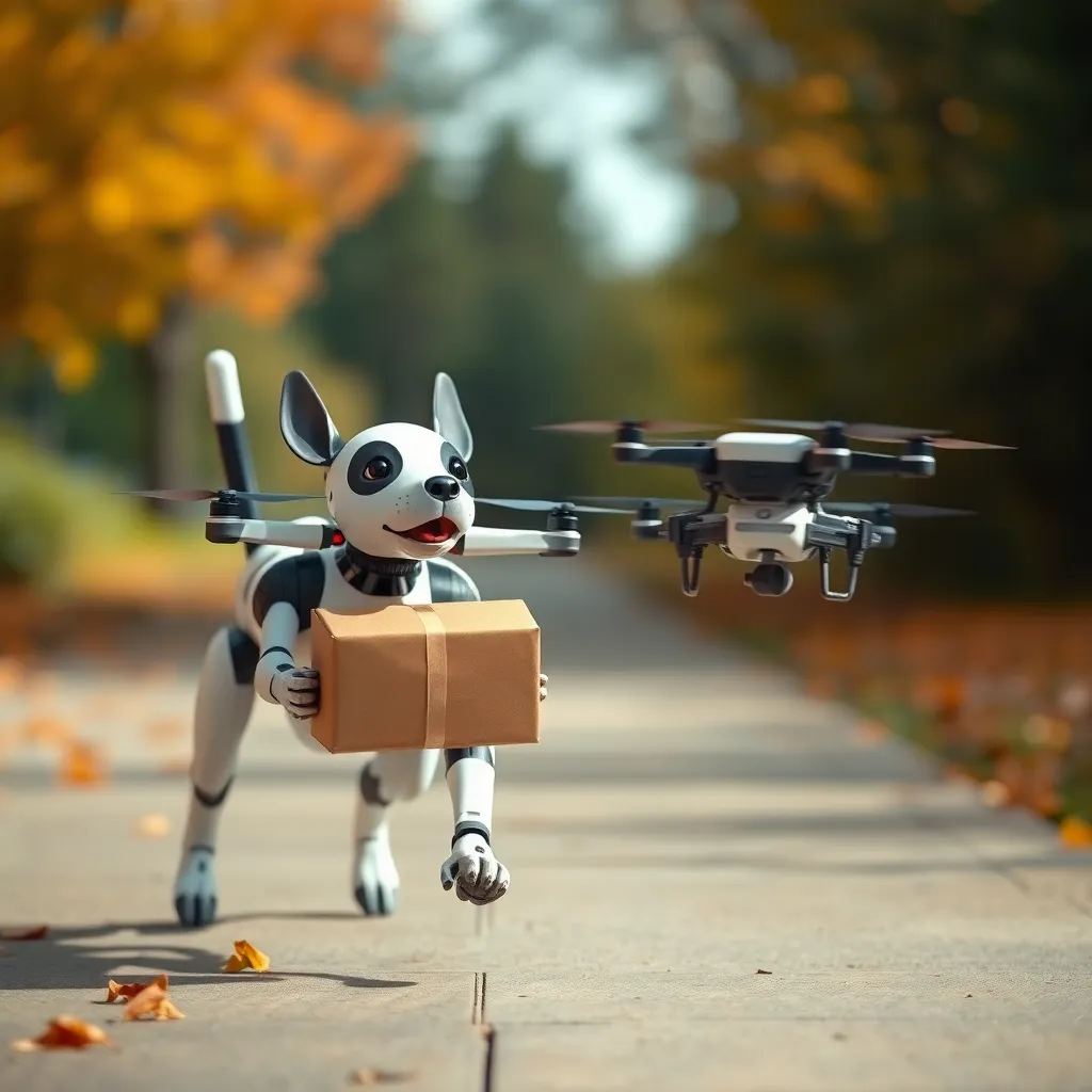 A small, white robot with a box strapped to its back walking on a path with trees and leaves.