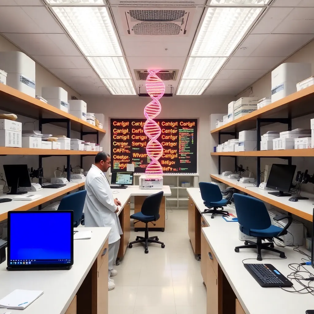 A modern library with tall bookshelves and a glowing pink data stream flowing through the center.