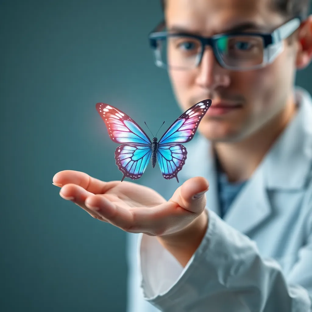 A scientist in a lab coat holding out their hand with a holographic butterfly above it.