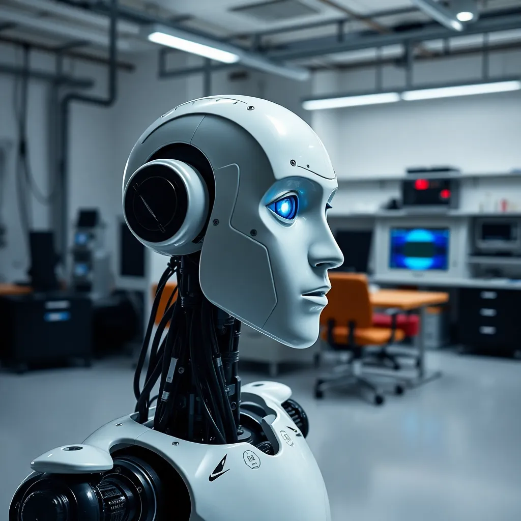 A white humanoid robot with blue eyes standing in a modern laboratory.