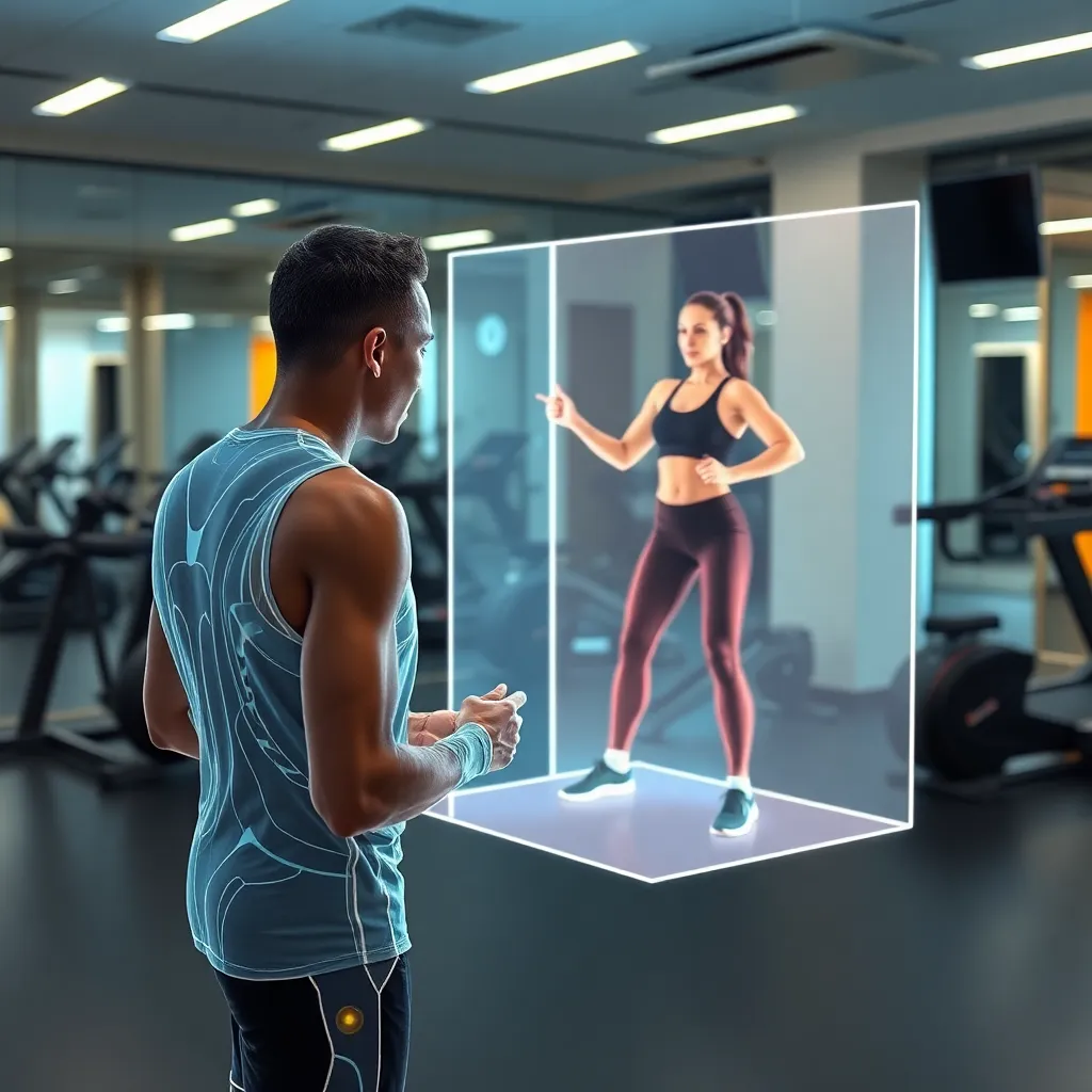 Man in gym clothes looking at a holographic display of a woman exercising.