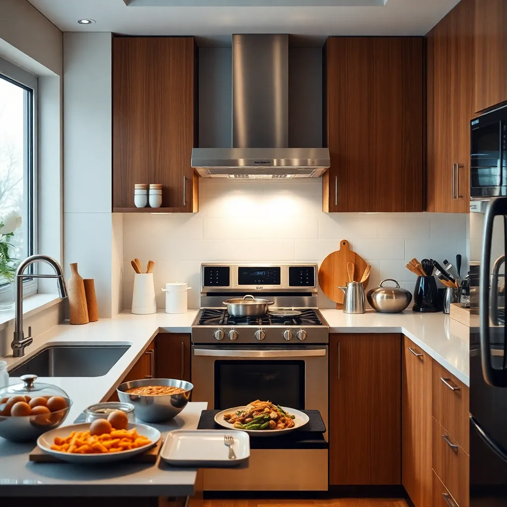 Modern kitchen with a smart display showing a recipe and various kitchen appliances.