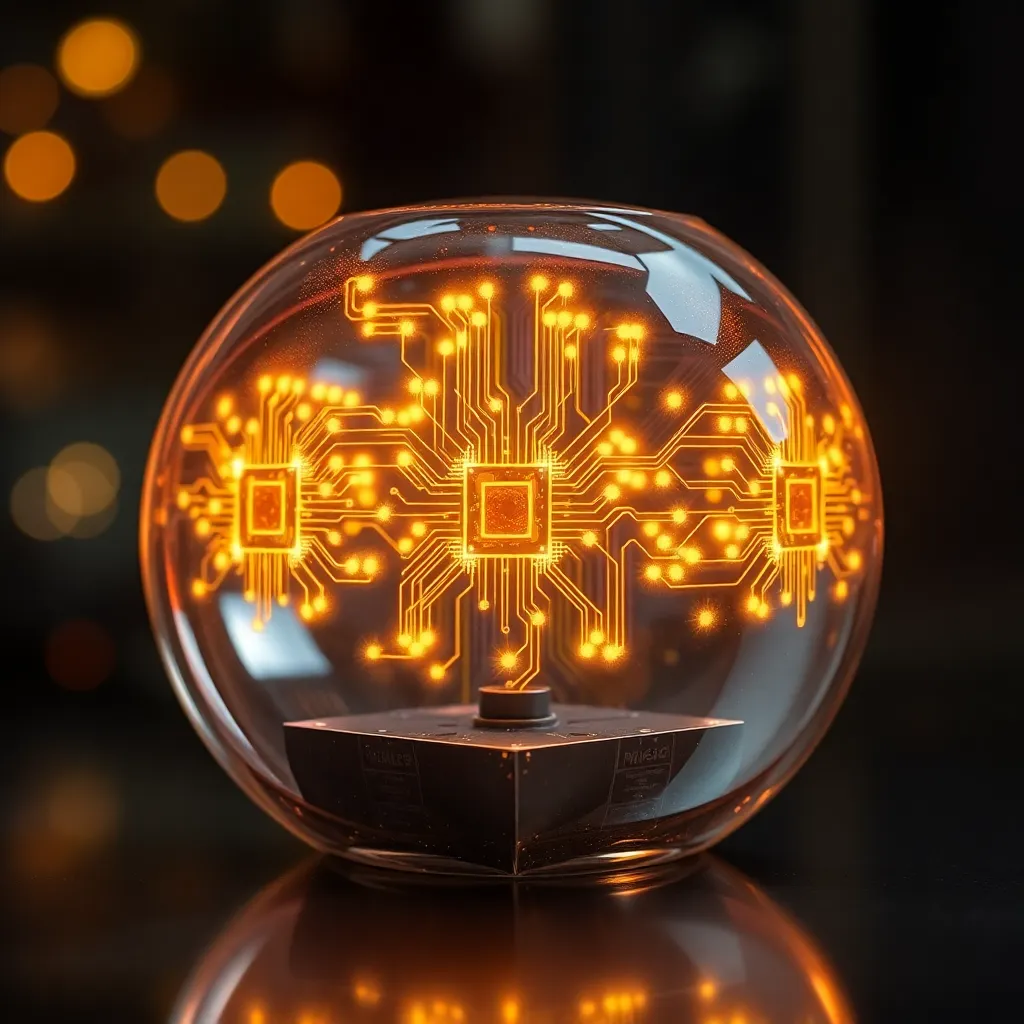 A clear orb containing glowing orange circuitry and points of light against a dark background.