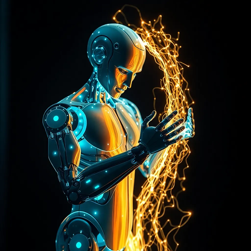 A translucent humanoid figure outlined with glowing lines, with streams of data flowing around it.