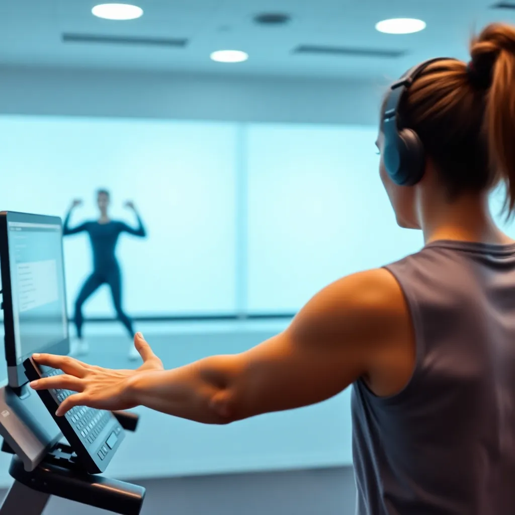 A person using a stationary bike and looking at a screen displaying a virtual trainer in a gym setting.