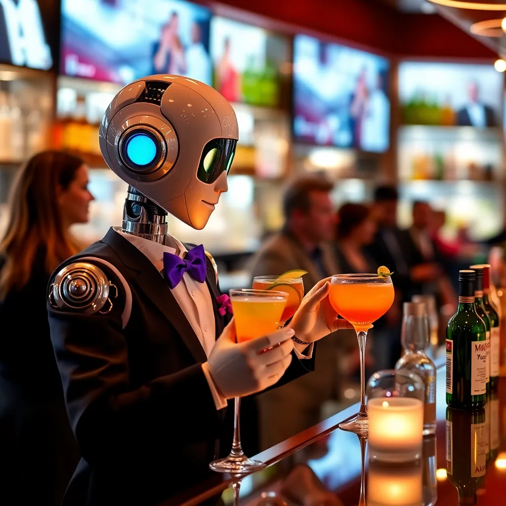 A humanoid robot bartender in a suit and bow tie serving a drink at a bar with a busy background.