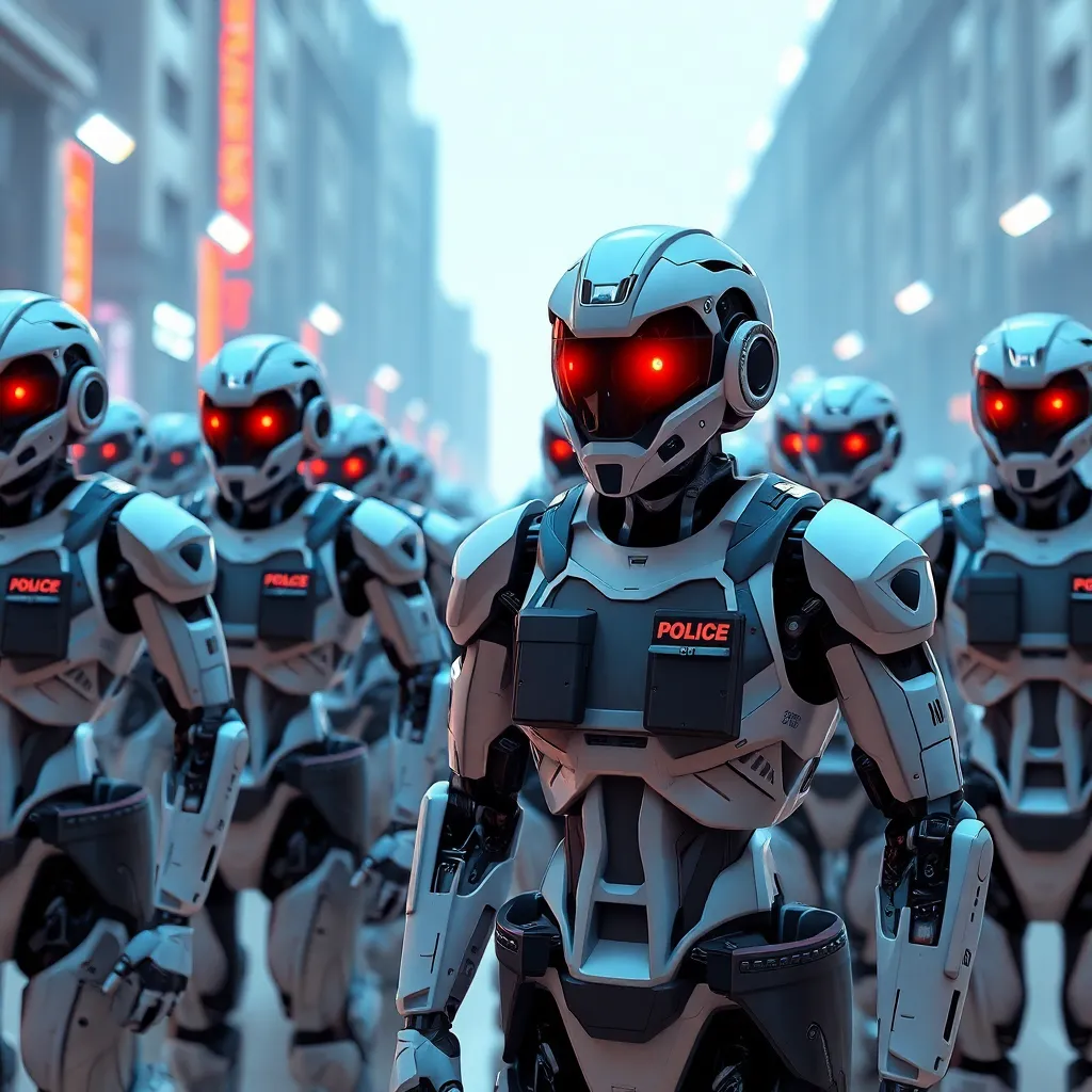 A group of metallic robot soldiers with glowing red eyes patrolling a futuristic city street.