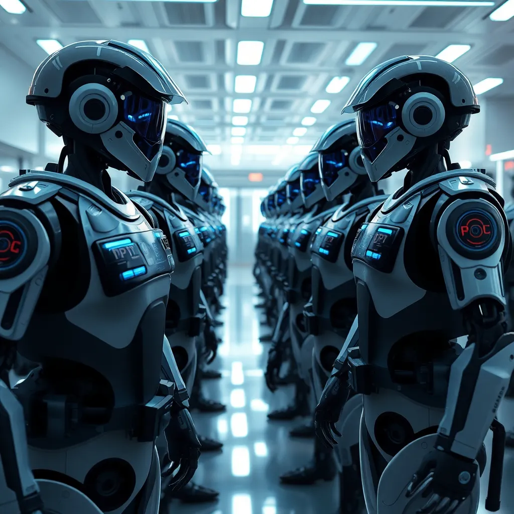 A line of futuristic, metallic soldier robots standing at attention with glowing red eyes.