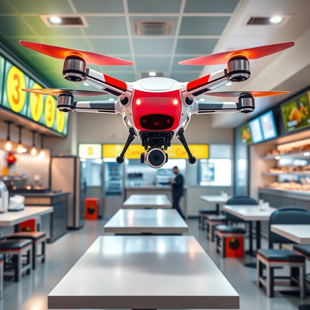 A red and white drone flying inside a restaurant with tables and chairs visible.