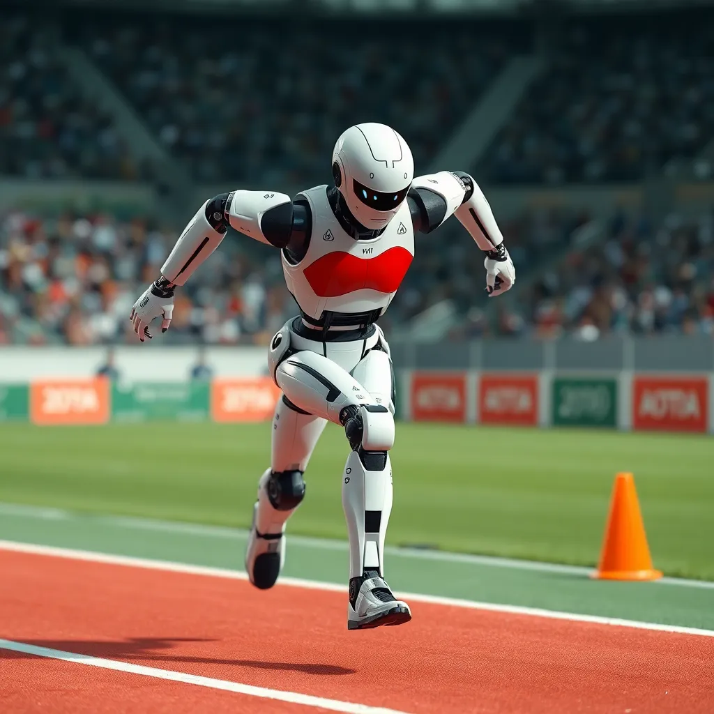 A white robot with red markings running on a sports track with a blurred stadium background.