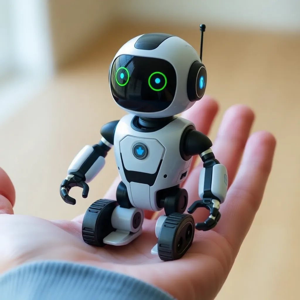 A tiny, white robot with black and green details sitting on a person's outstretched hand.