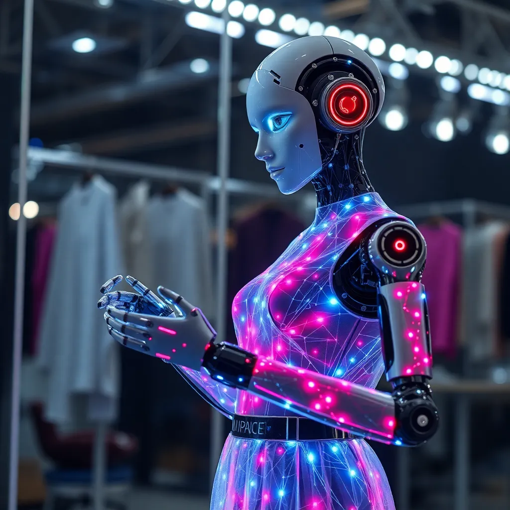 A tall, slender robot with glowing details standing in a clothing store examining garments.