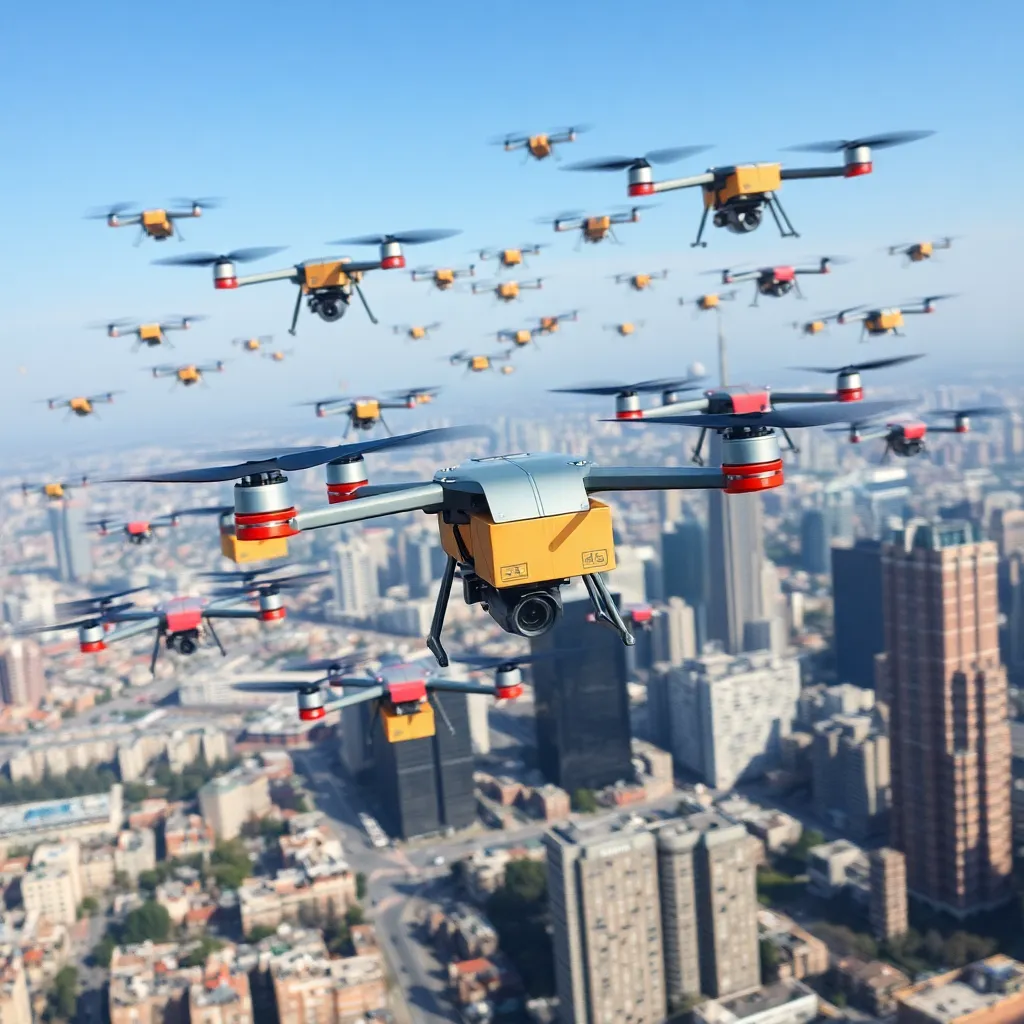 Drone delivery system with multiple drones flying over a cityscape.