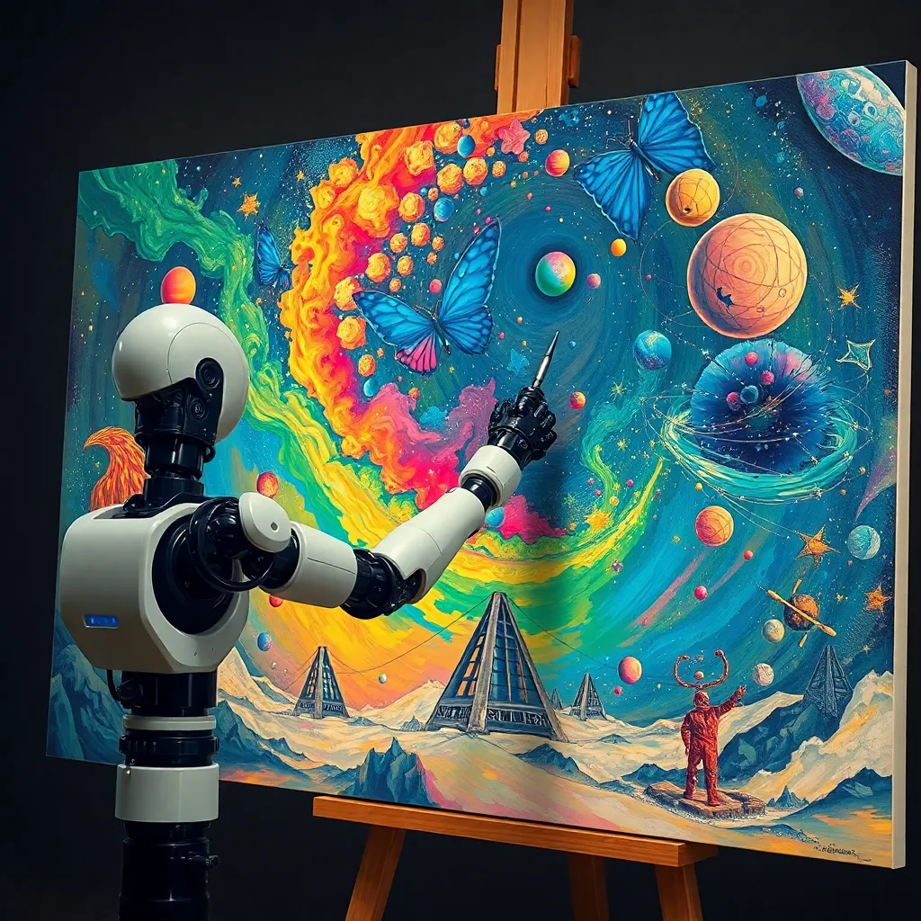 A humanoid robot holding a paintbrush and working on a vibrant, abstract painting on an easel.