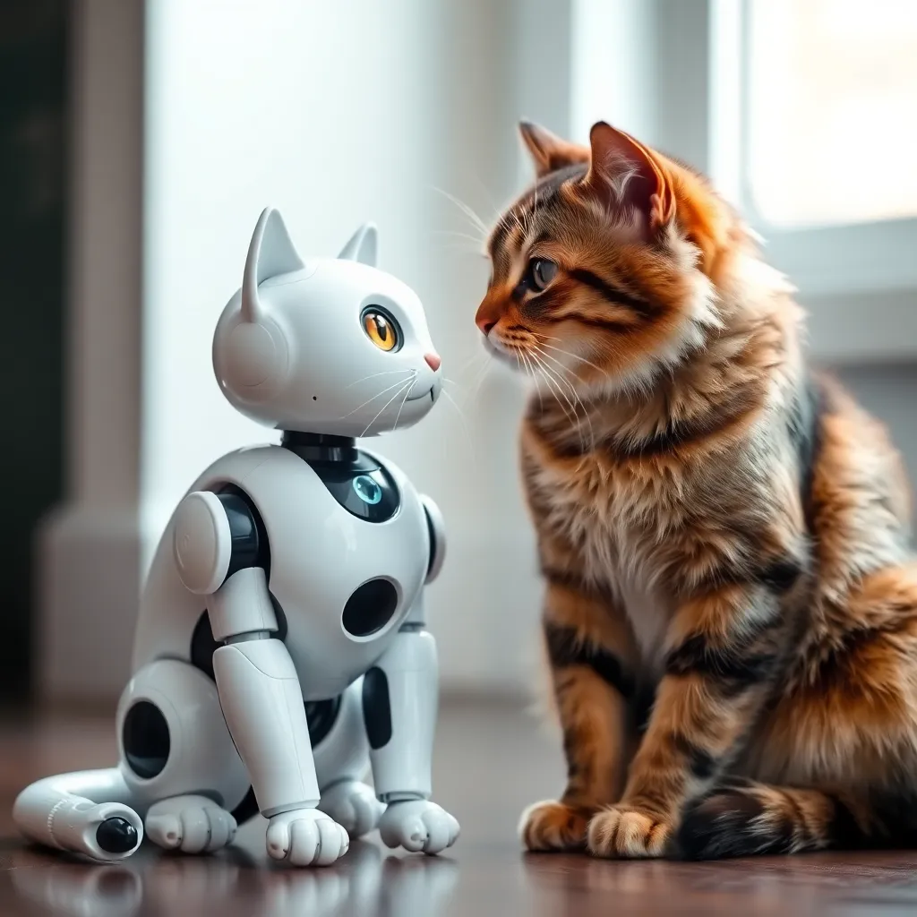 A small, white robot cat sitting next to a larger, striped real cat.