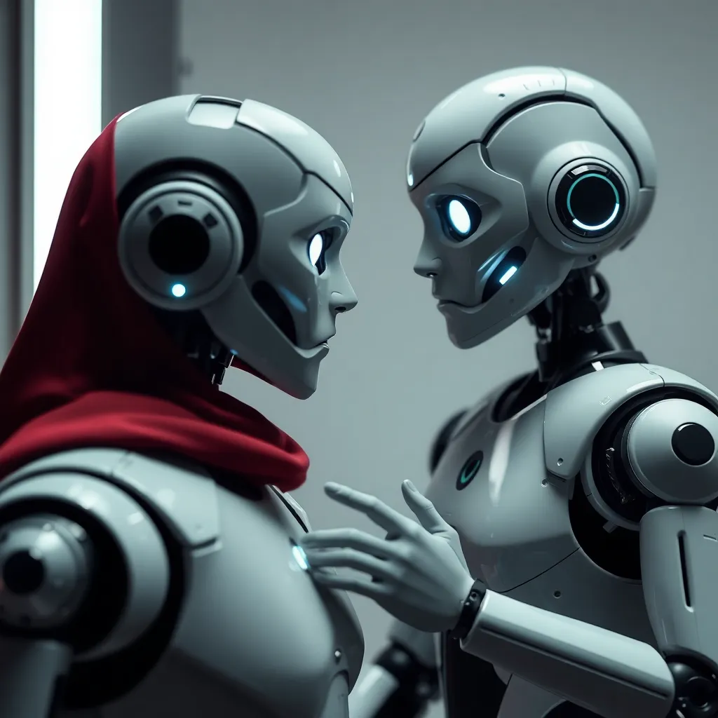 Two humanoid robots with different designs engaged in conversation.