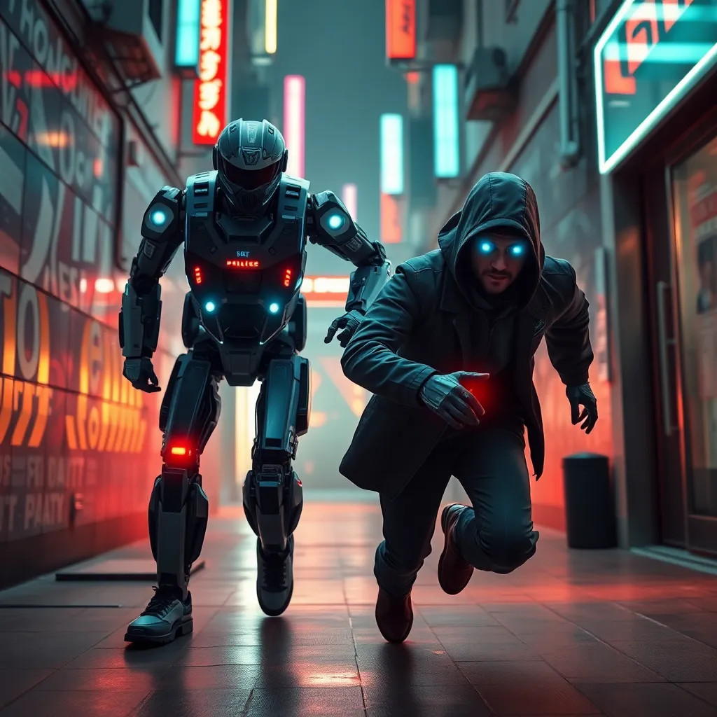 A robot and a human in a hooded jacket running side-by-side in a futuristic, neon-lit environment.