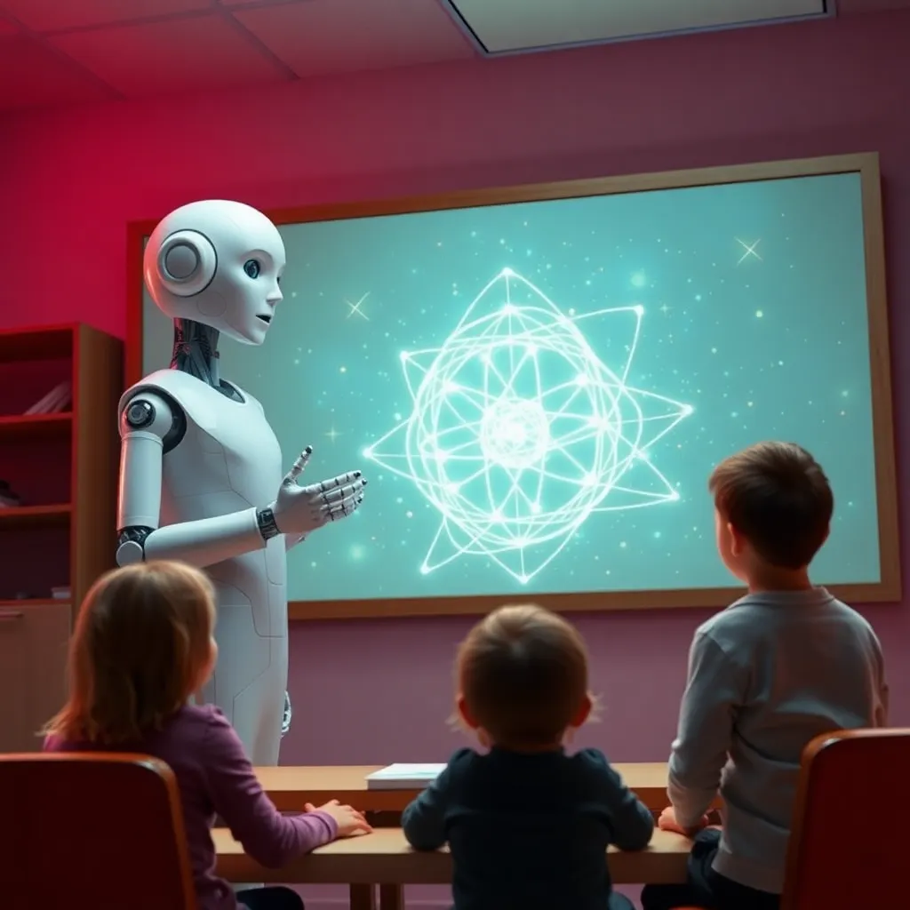 A white robot standing in front of a class with a digital display on a screen behind it.