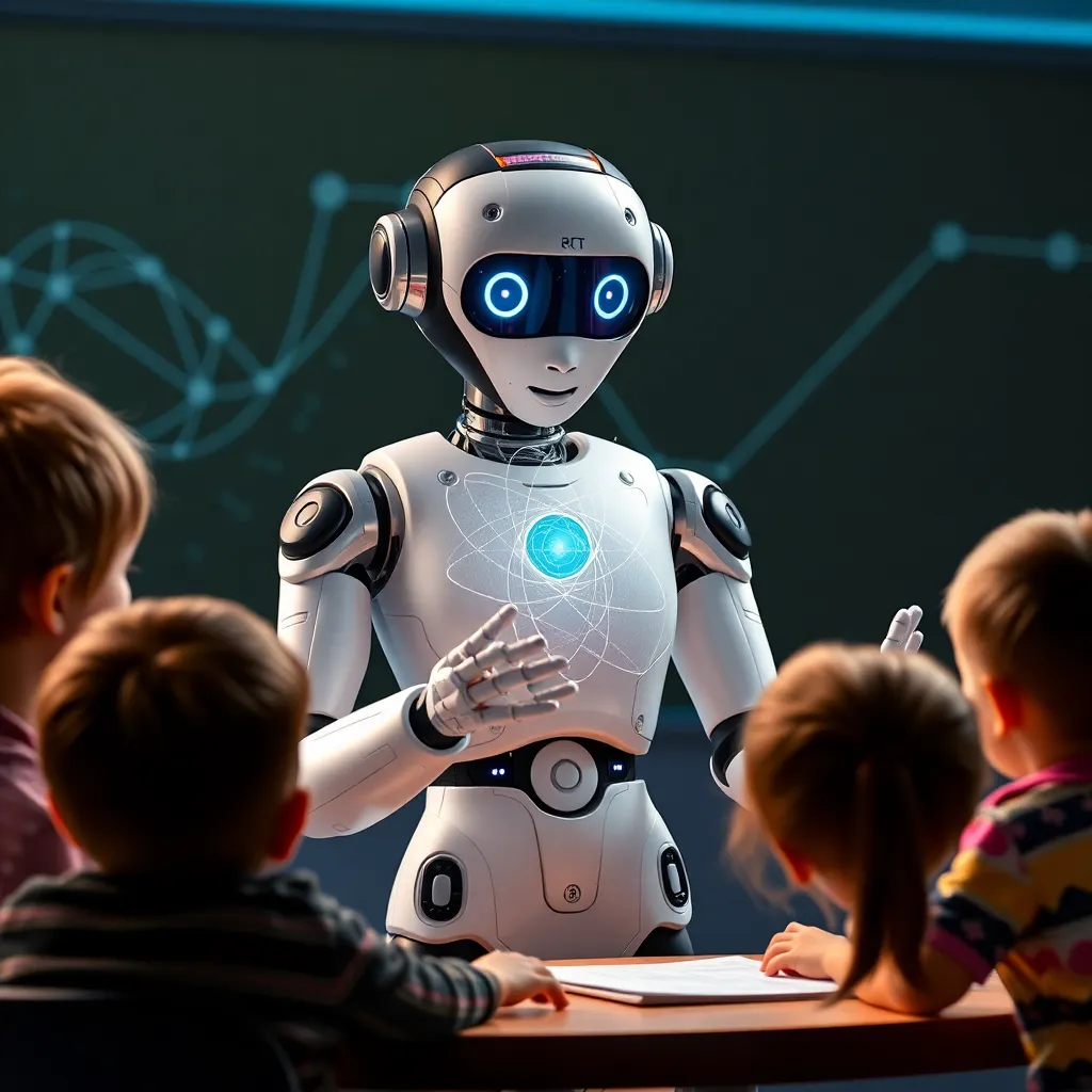 A white, humanoid robot with a screen face standing at a desk with children in the foreground.