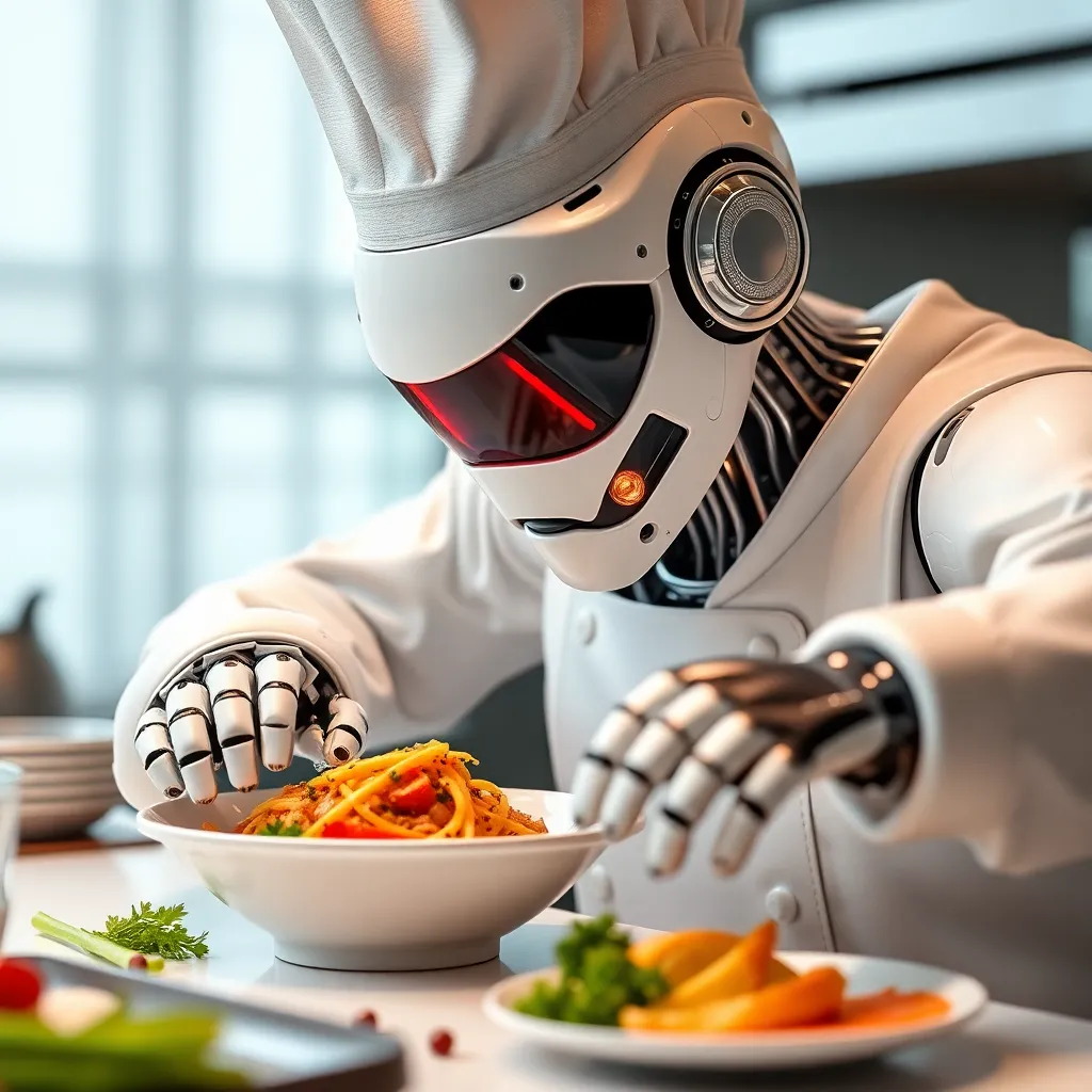 A metallic robot wearing a chef's hat and apron preparing a meal in a kitchen setting.