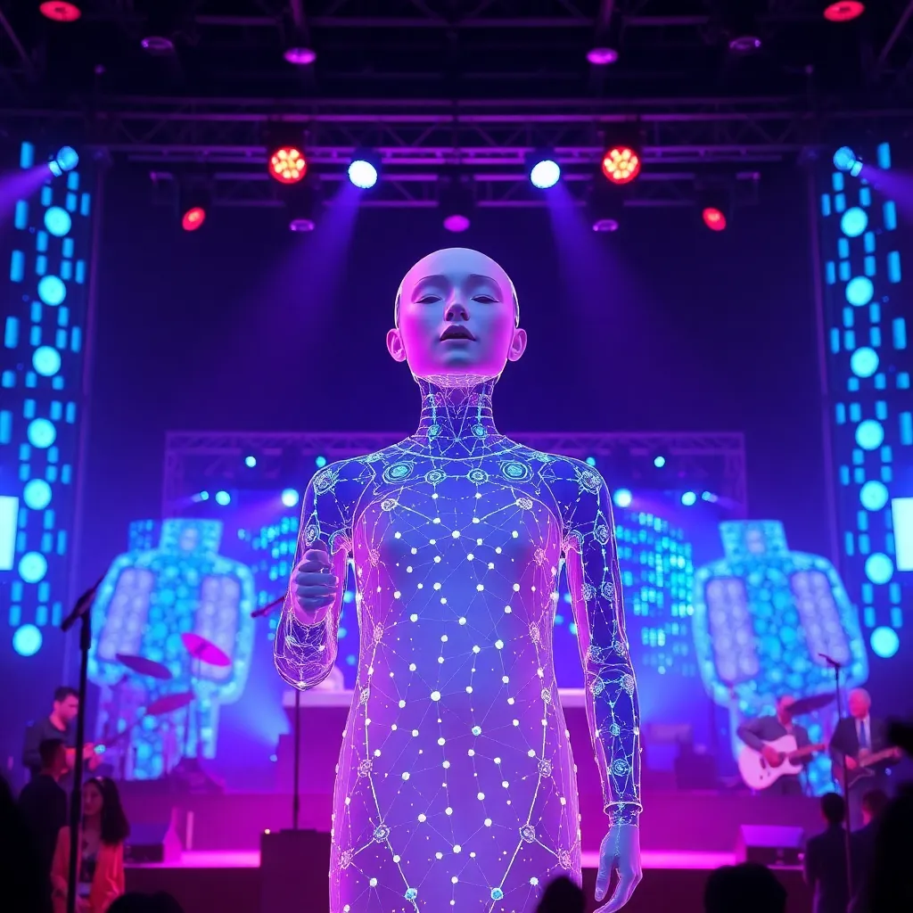 Holographic image of a human figure with glowing lines and data points.