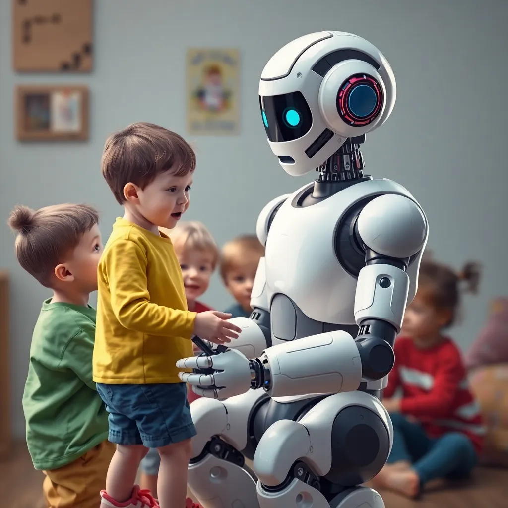 A white, humanoid robot with a friendly face playing with young children in a brightly colored room.