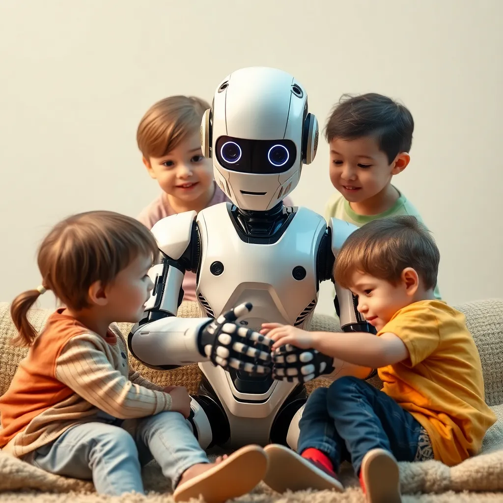 4 young children sitting on the floor interacting with a white, humanoid robot.