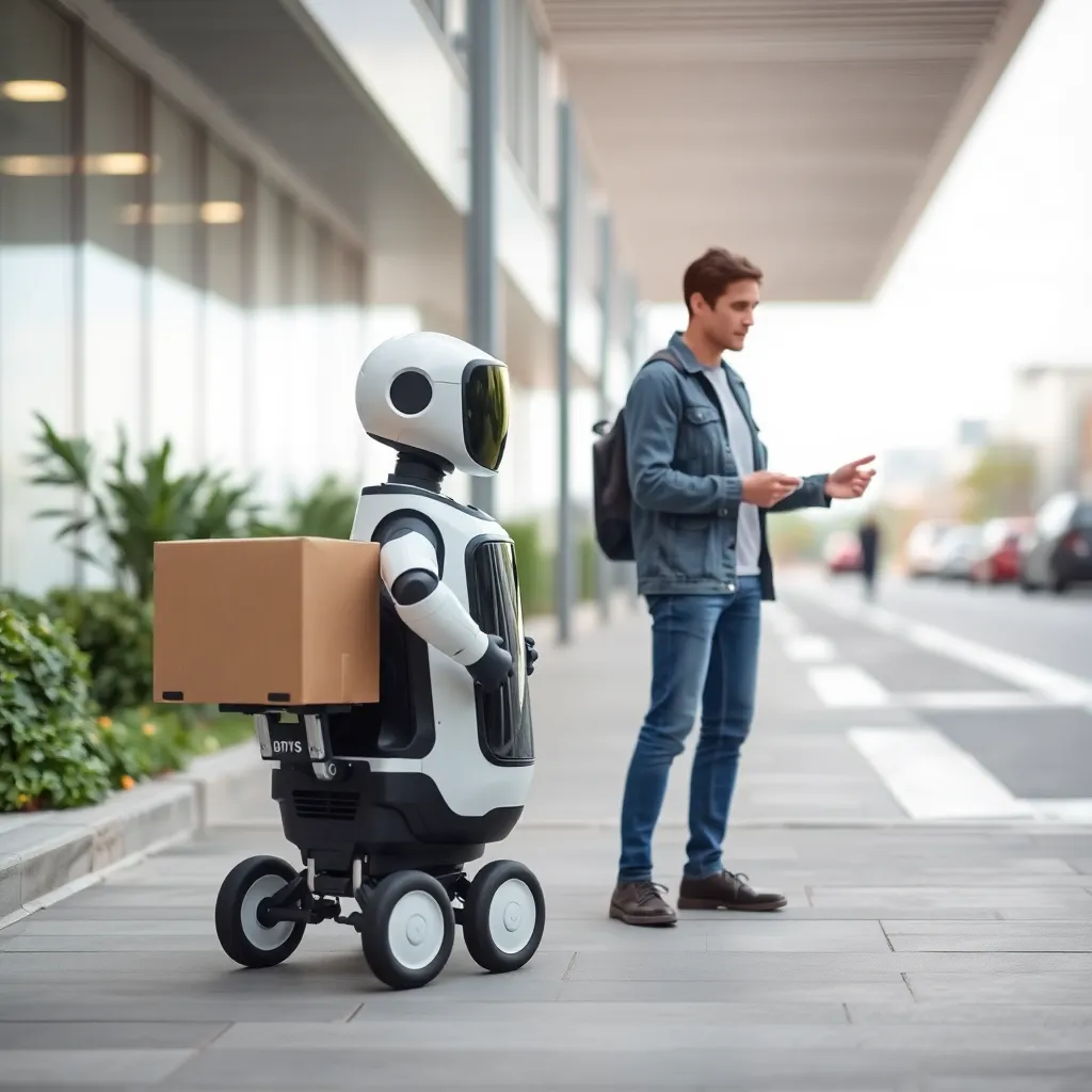 A small, white delivery robot with a box on its back standing next to a man using a phone on a city sidewalk.