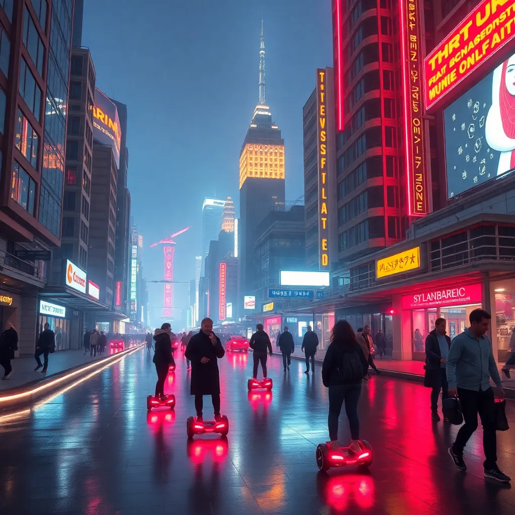 A blurred cityscape with tall buildings and glowing lights at night, with people walking in the foreground.