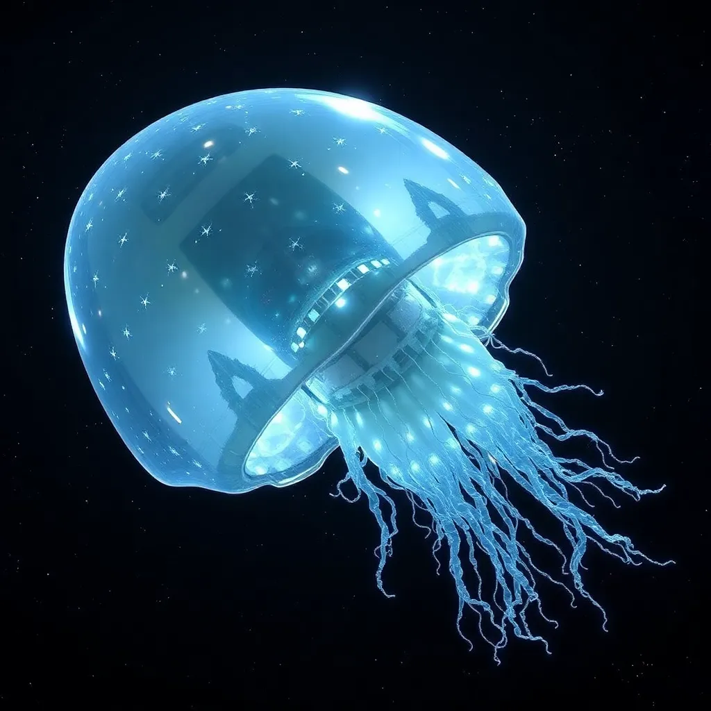 A translucent, blue jellyfish with glowing edges floating in dark water.