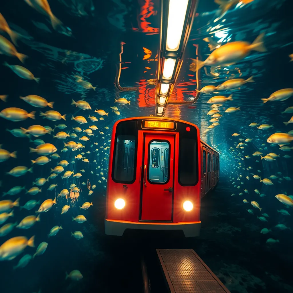 A red and silver train speeding through a futuristic setting with blurred motion lines.